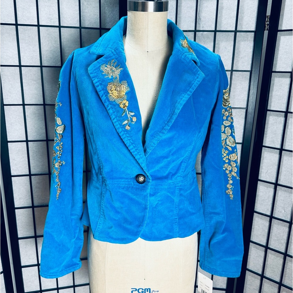 True Meaning Vintage (but NEW) Y2K Blue Corduroy Floral Embroidered Jacket
